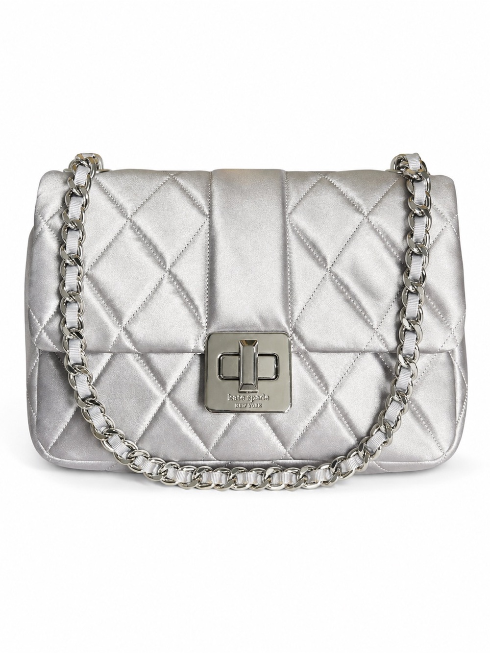 Kate Spade Carey Silver Grey Quilted Satin Small Flap Crossbody Bag